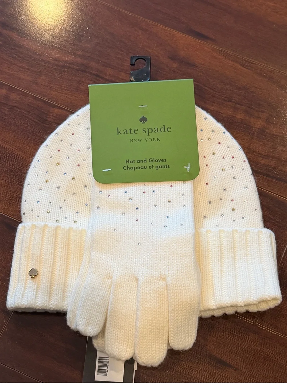 NWT - Kate Spade Cream Knit Beanie and Gloves with Multicolor Rhinestones